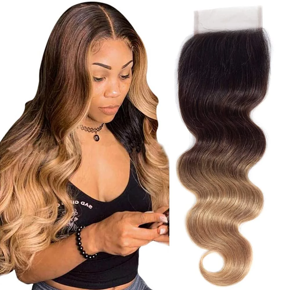 Ombre Body Wave Human Hair Closure T1B/4/27 Color Brazilian Virgin Human Hair Ombre 3 Tone Body Wave Human Hair 4x4 Lace Closure Free Part Closure Transparent Lace 22