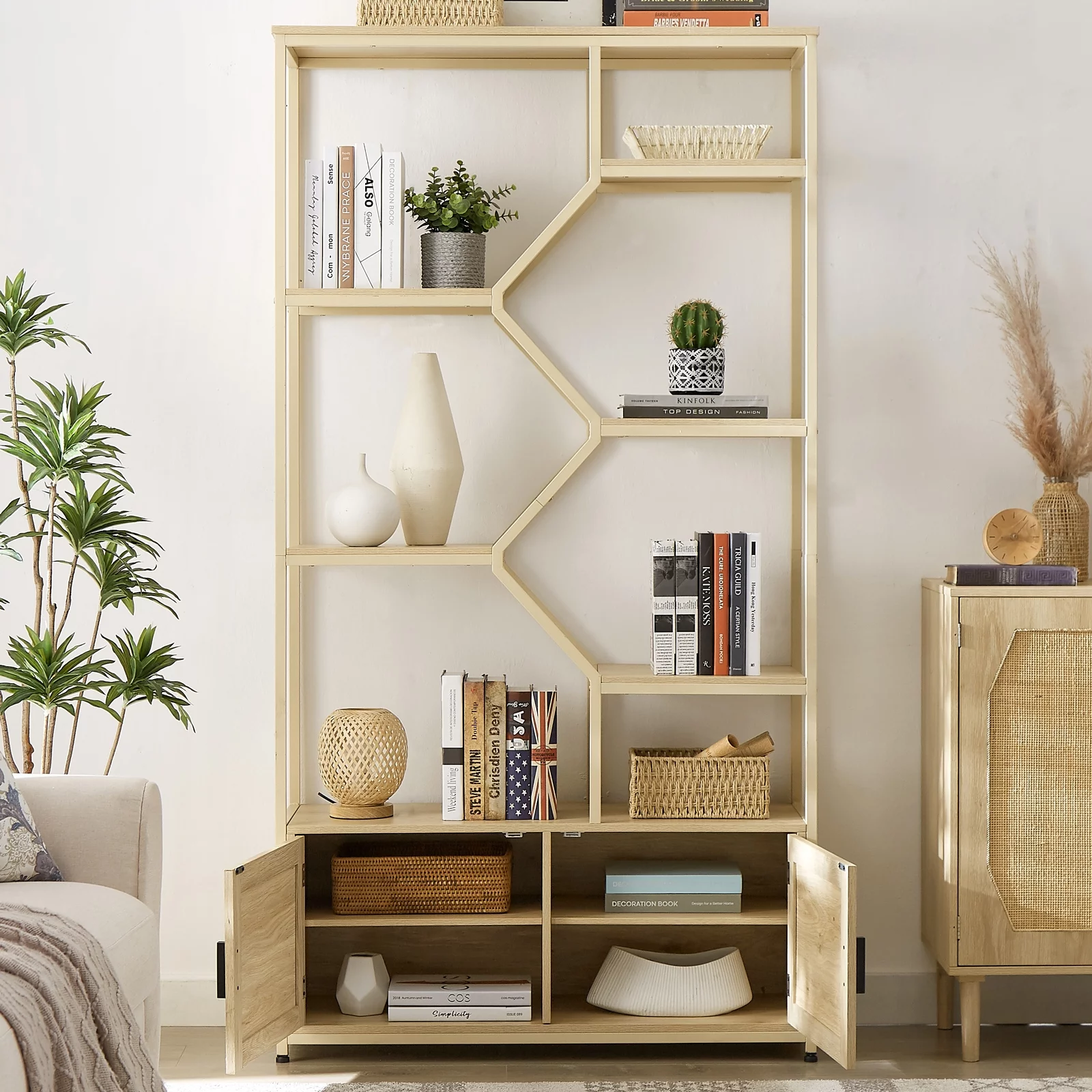 YISUYA Rattan Bookshelf 7 Tiers Bookcases Storage Rack, Rattan Bookshelf with Storage Cabinet, 7 Tiers Bookcases Storage Shelf with Doors, Stylish Bohemian Furniture, for Living Room Home Office
