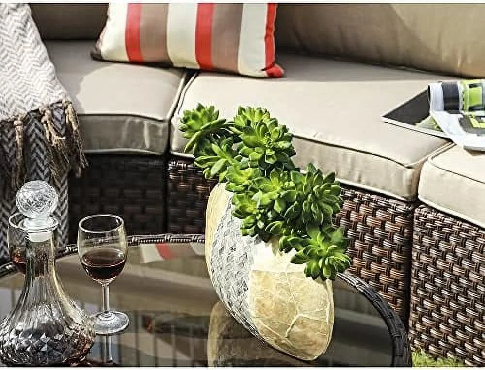 TJUNBOLIFE Round Outdoor Coffee Table with Tempered Glass Top  Rattan PE Resin Wicker Patio   Brown