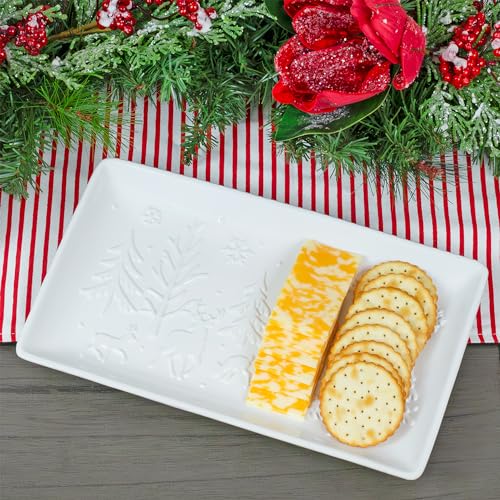 AuldHome Design Reindeer Christmas Tree Platter; Ceramic Embossed White Serving Tray