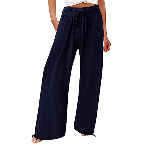 Beach Pants for Women Loose Pants Comfy Work Pants with Elastic High Waist Paper Bag Flowy Wide Leg Beach Pants