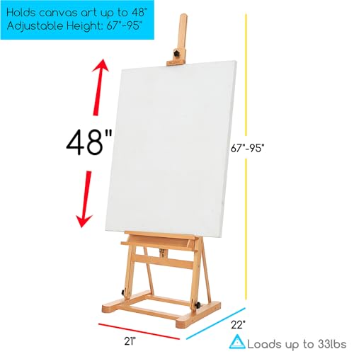 MEEDEN Large Studio H-Frame Easel - Beech Wood Artist Easel Adjustable Movable Tilting Easel, Floor Painting Easel Stand, Holds Canvas Art up to 48