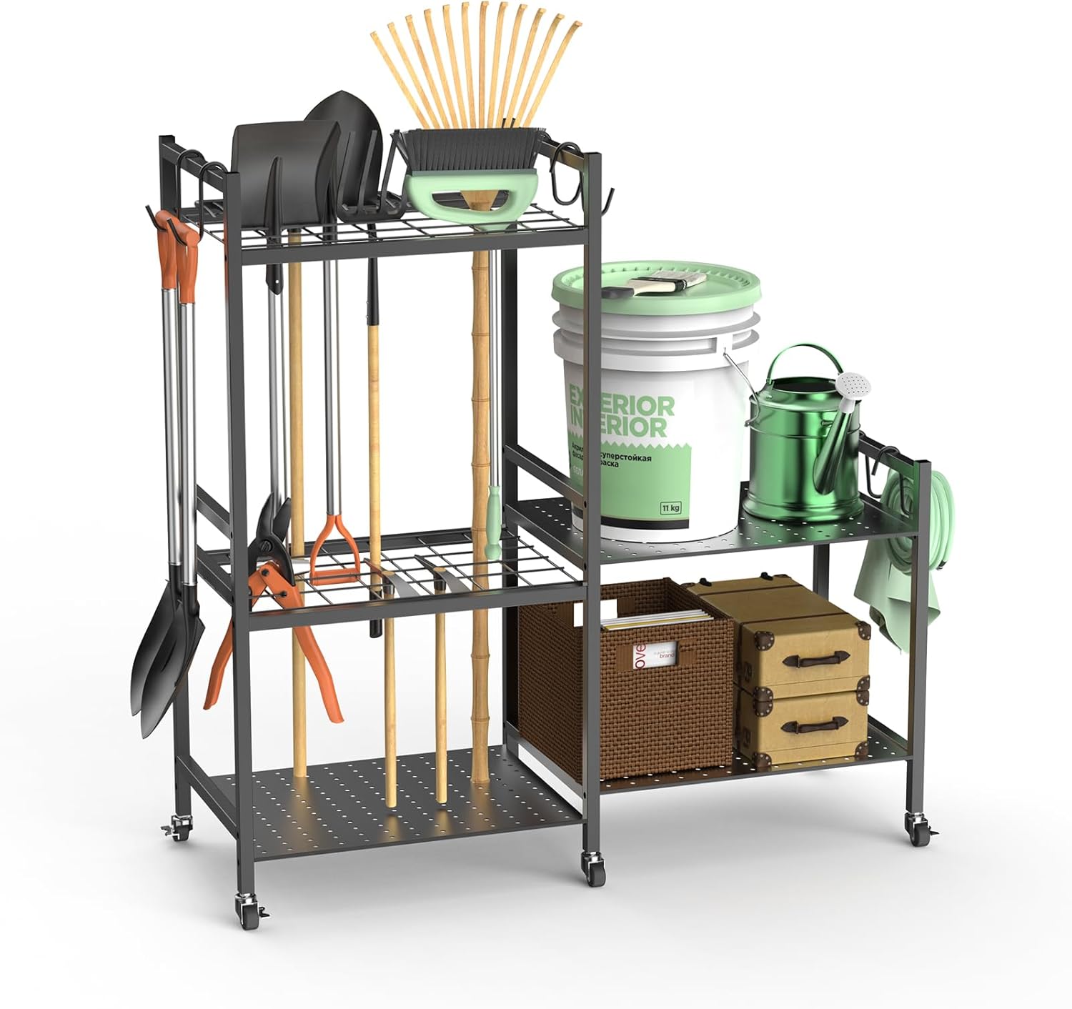 Garden Tool Organizer, Garden Tool Storage Rack with 6 Hooks and 2-tier Metal Shelves, Yard Tool Organizer Cart for Garage with Wheels Stand up to 35 Long-Handled Tools for Shed, Outdoor