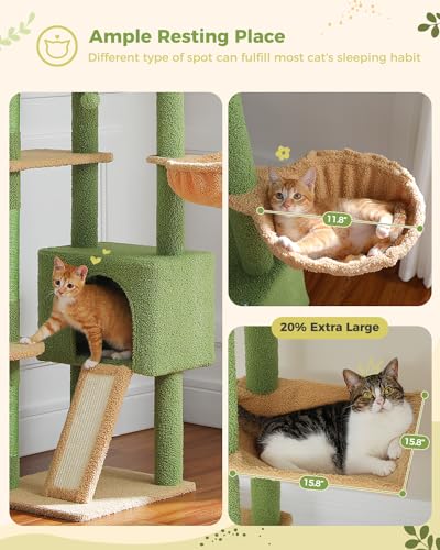 PEQULTI Mushroom Cat Tree Floor to Ceiling Cat Tower Adjustable Height (90.5''-100.4'' = 230cm-252cm) with Cat Condo, Cozy Hammock and Scratching Post, Tall Activity Tree for Indoor Cats, Brown