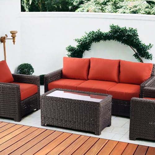 Classic Wicker Patio Coffee Table with Storage, All-Weather Hand-Woven HDPE Rattan Outdoor Coffee Tables, Tempered Glass Flip-Top, Waterproof for Porch Backyard – 40''Wx19''Dx22''H, Brown