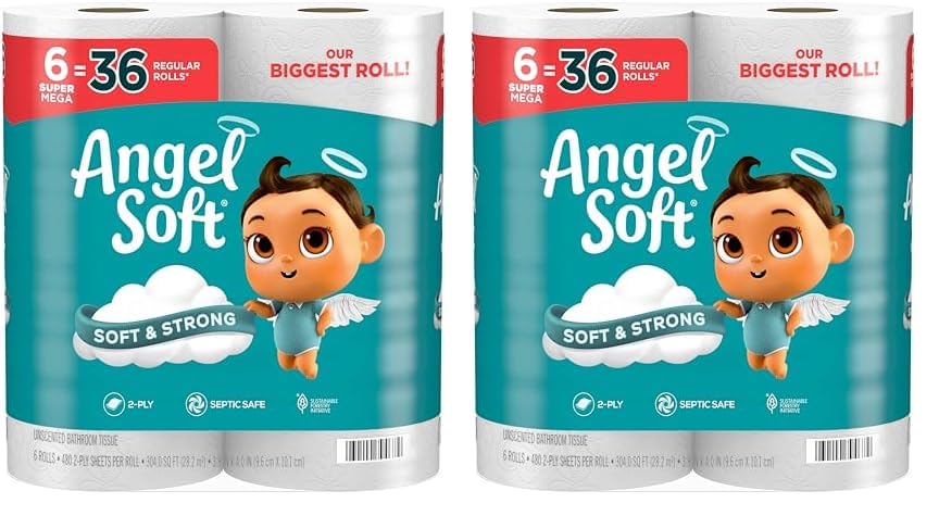 Angel Soft Toilet Paper, 6 Super Mega Rolls : 36 Regular Rolls (Pack of 2)