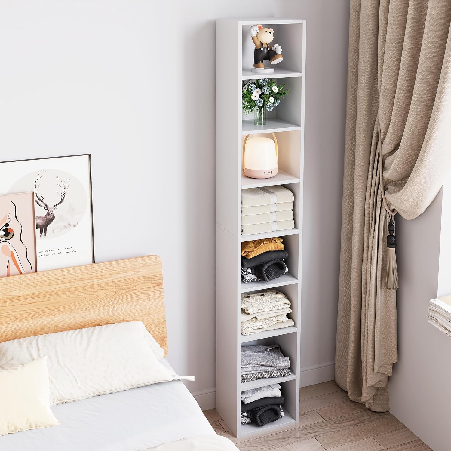 71 Inches Tall Narrow Bookshelf, 8-Tier CD DVD Slim Media Tower Rack, Corner Bookcase with Adjustable Shelves, Skinny Cubes Bookshelves for Home Office Small Space, White