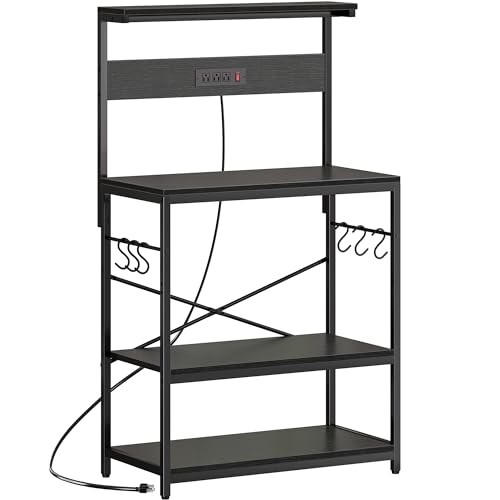 SUPERJARE Kitchen Bakers Rack with Power Outlet, Coffee Bar Table 4 Tiers, Kitchen Microwave Stand with 6 S-shaped Hooks, Storage Shelf Rack for Spices, Pots and Pans - Rustic Brown