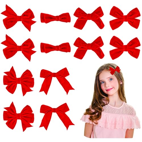 12 Pcs Red Christmas Velvet Ribbon Bow Hair Clips - 3” Small Alligator Clips Xmas Accessories Hair Bow for Girls, Toddlers, Teens School Uniform Decor Xmas Birthday Valentines Gift