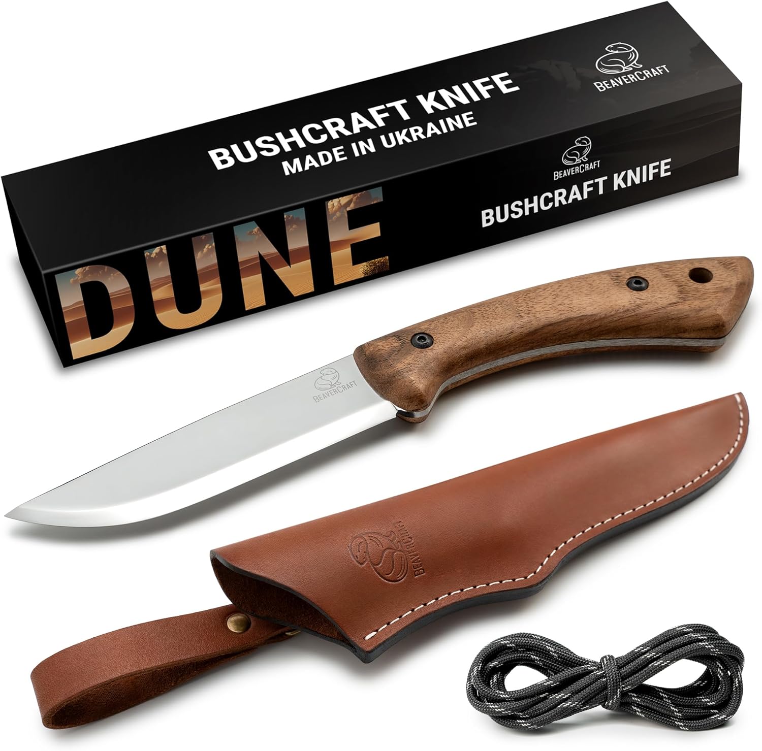 BeaverCraft Bushcraft Knife Fixed Blade Knife with Leather Sheath Camping Knife Full Tang Knife Carbon Steel Bushcraft Knives, Bush Knife | BSH1 Dune