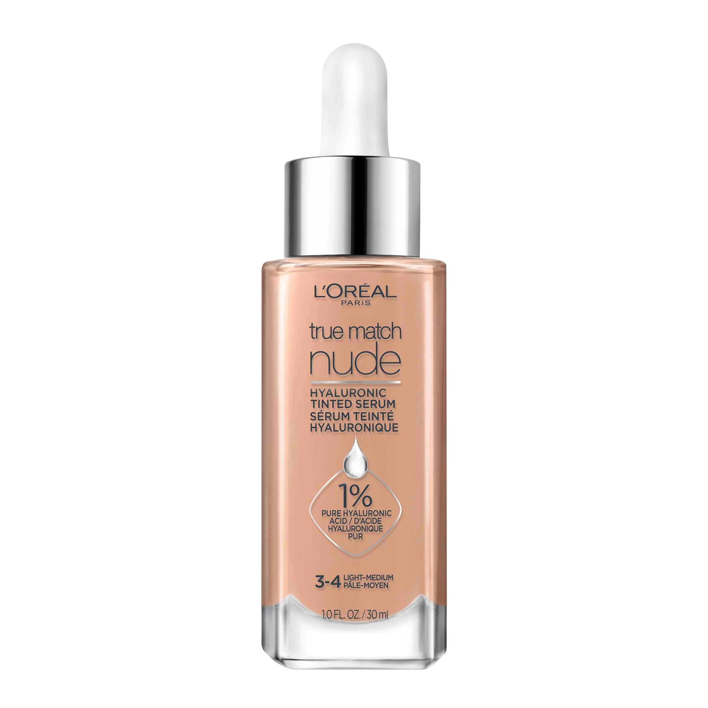 L’Oréal Paris True Match Nude Hyaluronic Tinted Serum: Unveil Radiant, Hydrated Skin with 1% Hyaluronic Acid - Light-Medium Shade, 1 Fl. Oz.