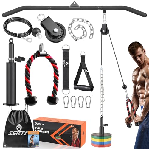 SERTT Cable Pulley System Gym, Power Rack Pulley Attachment with 2-in-1 LAT Pull Down Bar and Upgraded Loading Pin,Used for Triceps Pulldown, Biceps, Back, Shoulder