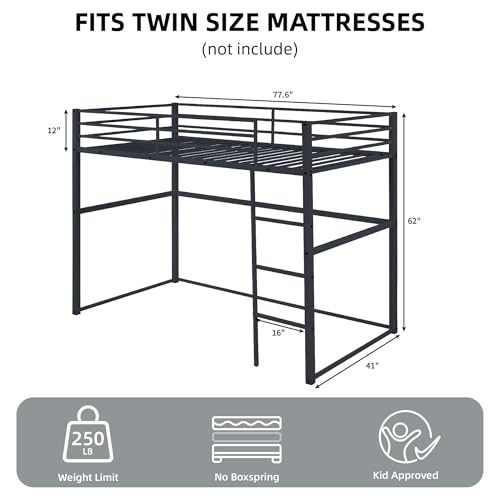 Metal Loft Bed Twin Size, Loft Bed Frame with Safety Guard Rails & Flat Ladder, Twin Loft Bed for Kids Teens Adults