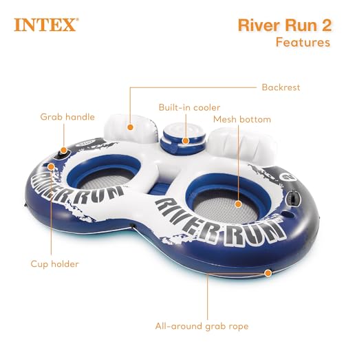 INTEX 58825EP River Run 1 Inflatable Floating Lounge: Comfortable Backrest – Built-in Cup Holders – Durable Grab Handles – All Around Grab Rope – 220lb Weight Capacity– Blue