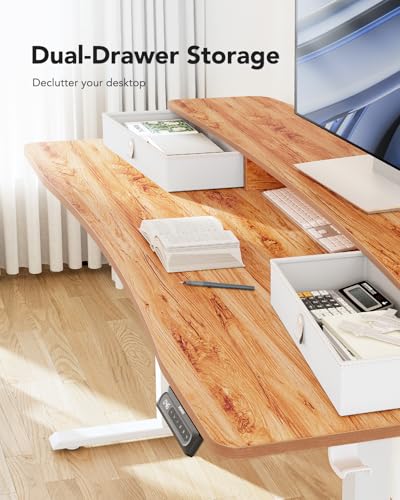 HUANUO 48″ x 24″ Electric Standing Desk with 2 Drawers, C-Clamp Mount Compatible, Height Adjustable Computer Desk, Home Office Stand Up Desk with 4 Preset Heights & 2 Hooks, Black