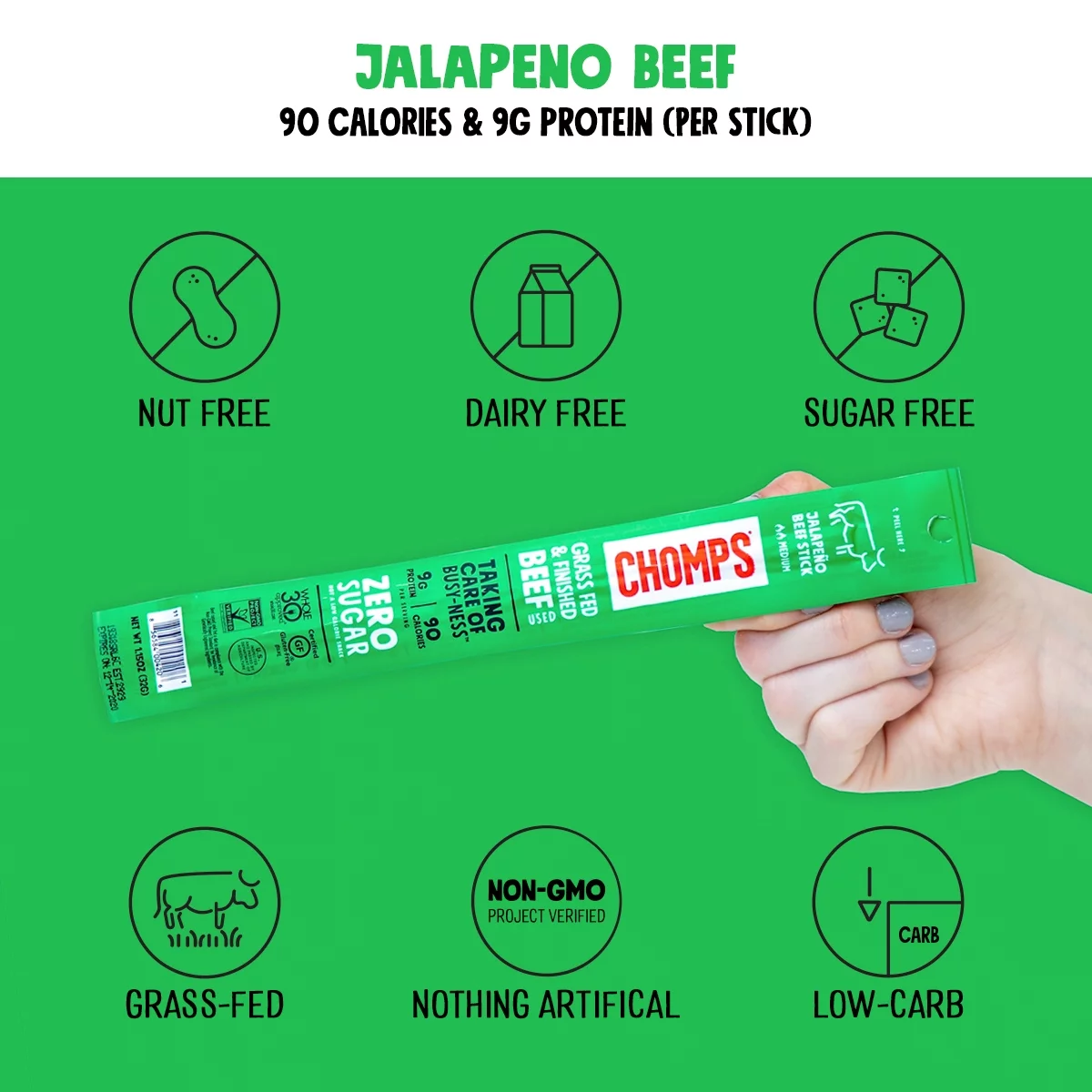 Chomps Beef Jerky Sticks, Jalapeno Beef, High Protein, Gluten Free, Sugar Free, Whole 30 Approved, 10ct 1.15oz