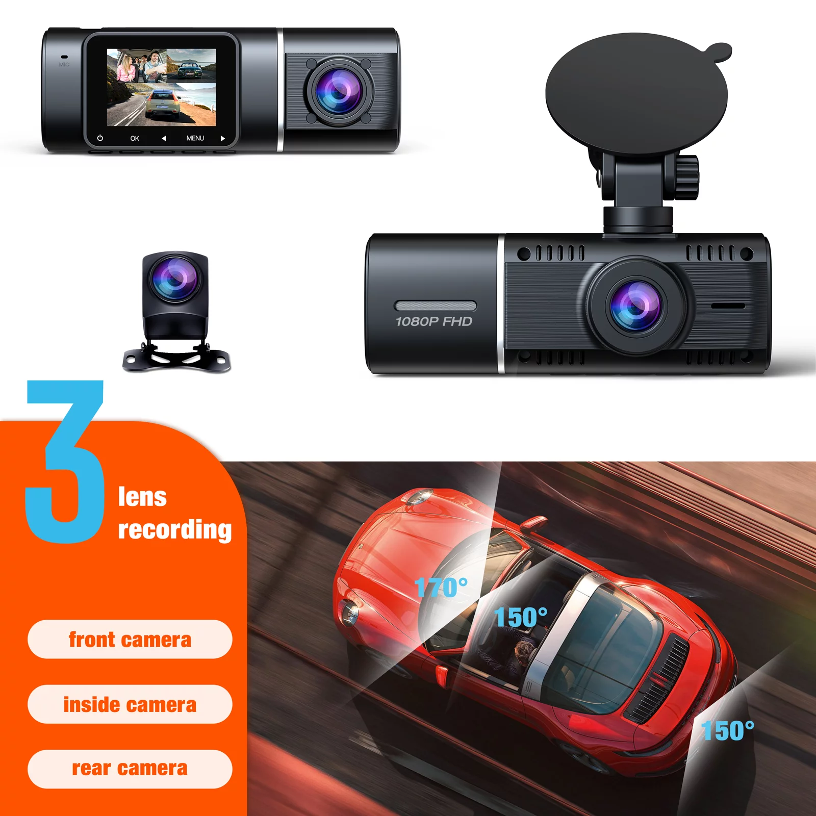 TOGUARD 3 Channel 1080P Dash Cam , 1080P+720P+720P Way Triple Car Camera,IR Night Vision, 24 Hour Parking Mode,with 64GB SD Card