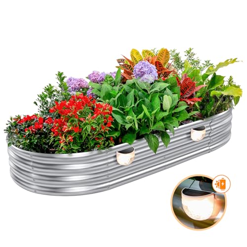 Raised Garden Bed Galvanized Planter Box Outdoor with 2 Solar Lights, Rot-Resistant Metal Garden Bed Planter for Vegetables Flower Herb