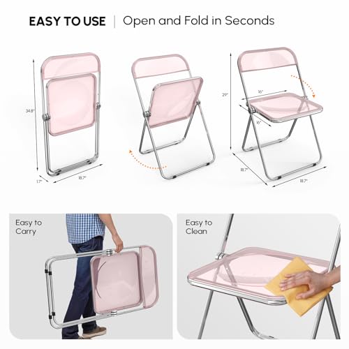 VINGLI Acrylic Folding Chairs 2 Pack, Clear Chair Foldable and Stackable, Plastic Panel & Metal Chrome Frame, Weight Capacity 350 lbs, Transparent