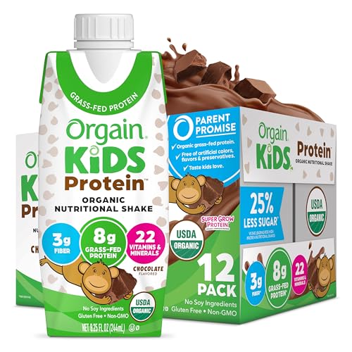 Orgain Organic Kids Protein Nutritional Shake, Chocolate - 8g of Protein, 22 Vitamins & Minerals, Fruits & Vegetables, Gluten Free, Soy Free, Non-GMO, 8.25 Fl Oz (Pack of 12)