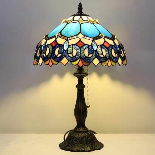 Tiffany Table Lamp Stained Glass Lamp 12X12X19 Inch Antique Reading Light (Sea Blue Pear)