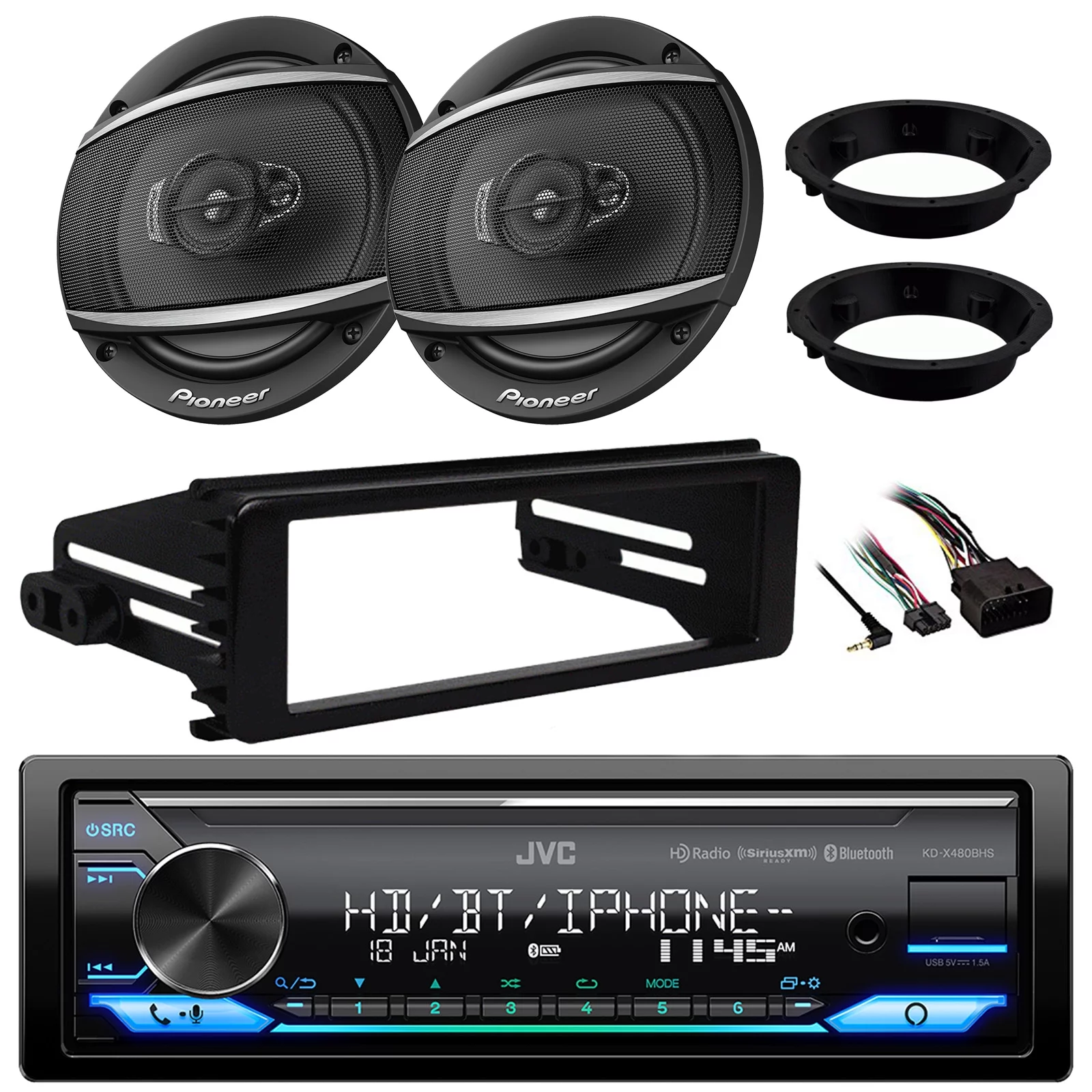 JVC KD-X480BHS Single DIN Bluetooth USB AUX LED Illumination AM/FM Radio Stereo SiriusXM Ready Amazon Alexa LED Car Audio Receiver, JVC 6.5