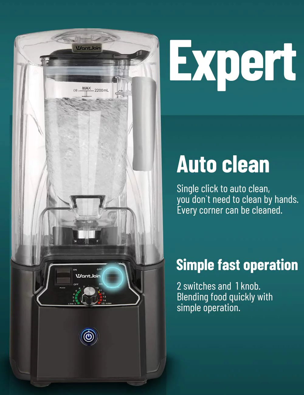 WantJoin Professional Commercial Blender, 2200W Quiet Shield Blender with Sound Enclosure, Black Blenders for Kitchen for Smoothie Ice Milkshake (2.2L)