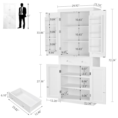 72” Pantry Cabinet, Kitchen Pantry Cabinet with 6 Doors Shelves & 1 Drawer, Kitchen Cabinets with 4 Door for Dinging Room, Living Room, White