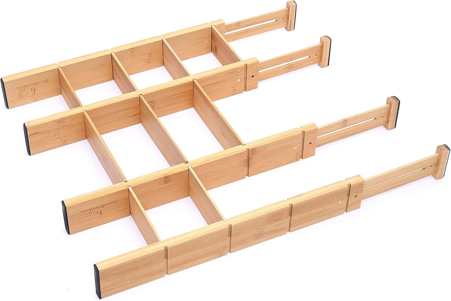 Adjustable 17-22in Bamboo Dividers Organizers with 9 Inserts, Expandable Spring Loaded Drawer Dividers for Kitchen, Dresser, Bedroom, Bathroom, Office, and Garage (4 Pack)