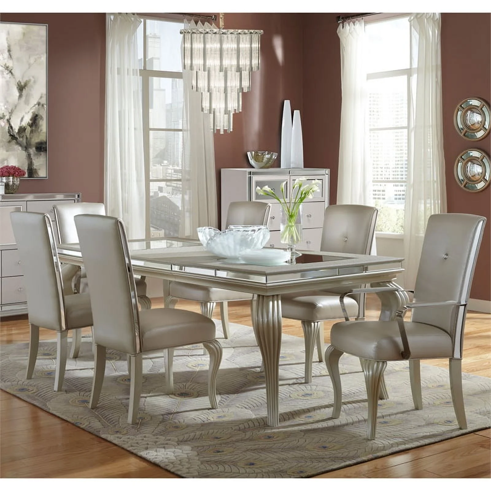 Pemberly Row Modern Wood & Glass Dining Table in Frost Ivory