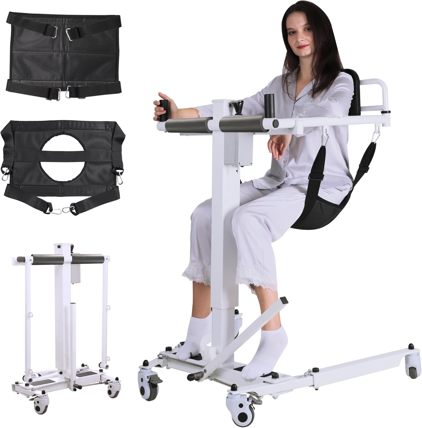 Electric Patient Lift Transfer Chair Patient Lift Wheelchair for Home Foldable Portable Patient Lift Chair with Adjustable Base, from Bed to Wheelchair Transfer and Wheelchair to car, White