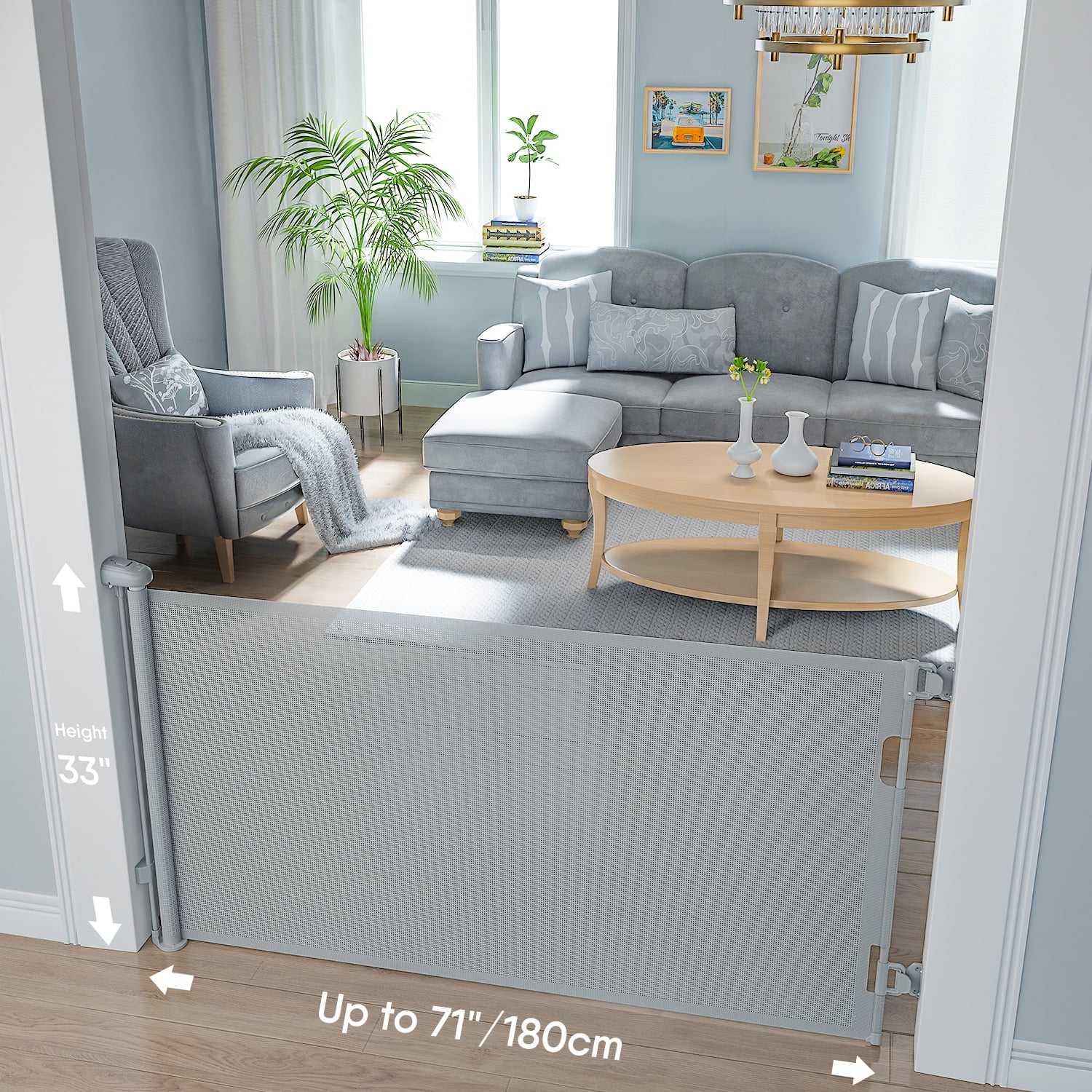 Retractable Baby Gates, BabyBond Baby Gate for Stairs Extra Wide 59” X 33” Tall for Kids or Pets Indoor and Outdoor Dog Gates for Doorways, Stairs, Hallways (33 * 71 inches, Gray & Drill)