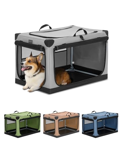 Petsfit 26 Inch Indoor Dog Crate, Adjustable Fabric Cover by Spiral Iron Pipe, Chew Proof 3 Door Design, Portable Dog Kennel Indoor Yellow Green