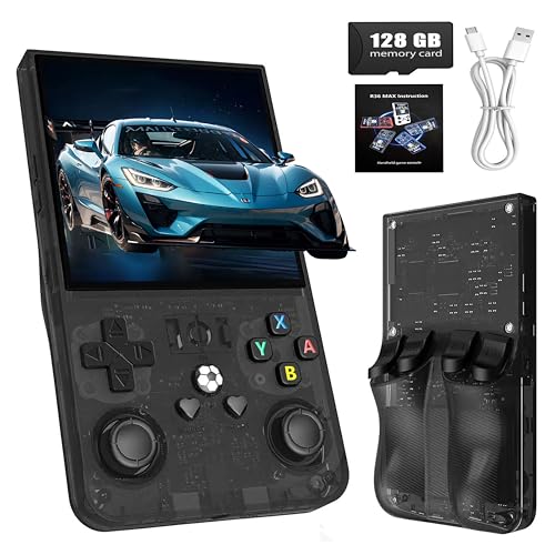 R36MAX Retro Handheld Game Console with 128G Built-in 18000+ Classic Games,2025 New Upgrade Portable Hand Held Open Source Linux System 4.0-in IPS Screen Video Player for Adults Arcade(Black 128GB)