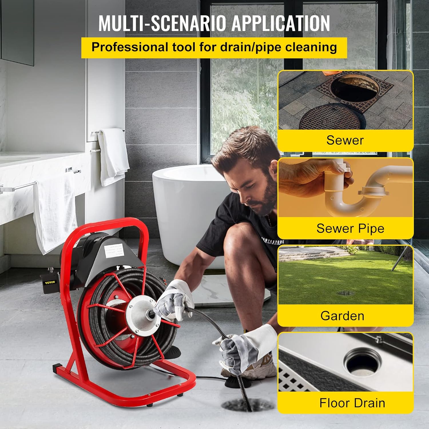 VEVOR 50 Ft x 3/8 Inch Machine Fits 1 to 4 Inch Pipes Portable Drain Cleaner with 8 Auger Bits, Red + Black