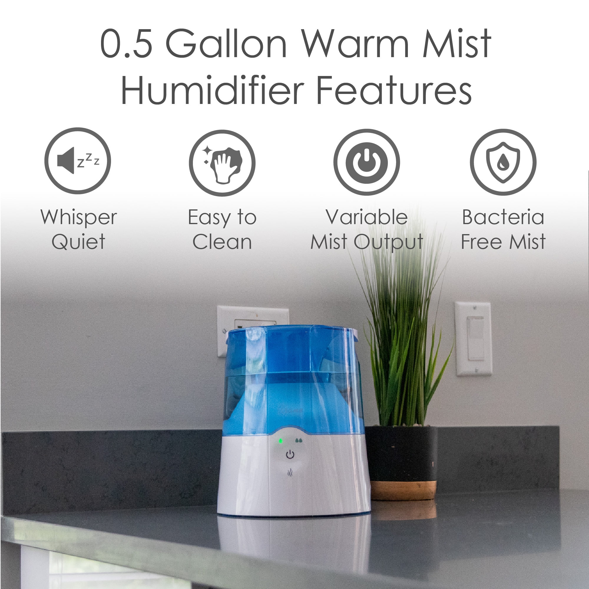 Crane 0.5 Gal. Warm Mist Humidifier, 2 Speed Settings, Medicine Cup, 13 Hour Run Time, Blue/White