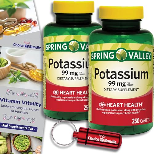 Spring Valley Potassium Heart Health Dietary Supplement Caplets 99 mg 250 CT 2 pk (500 Total) + “Vitamin Vitality” Guide & Keychain Pill Container (4 Items)!