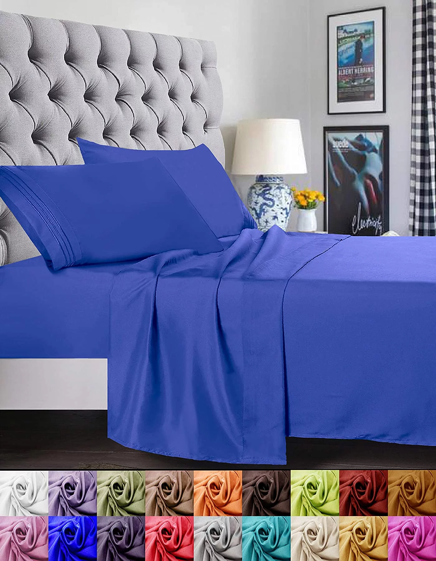 Elegant Comfort® Silky-Soft 1800 Series - Wrinkle-Free 4-Piece Bed Sheet Set, Deep Pocket up to 16 inch- Full Royal Blue