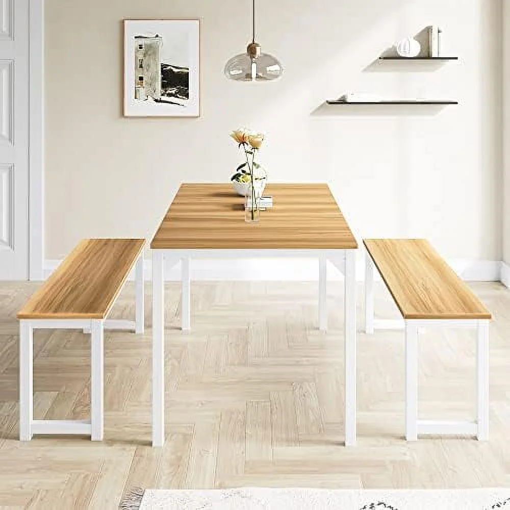 HOOMZNB 3PC 47.2" Dining Table Set for 4-6  Heavy Duty Kitchen Table with Benches  Kitchen & Dining Room Table Set  Space-Saving Dinette  Grey & Light Brown