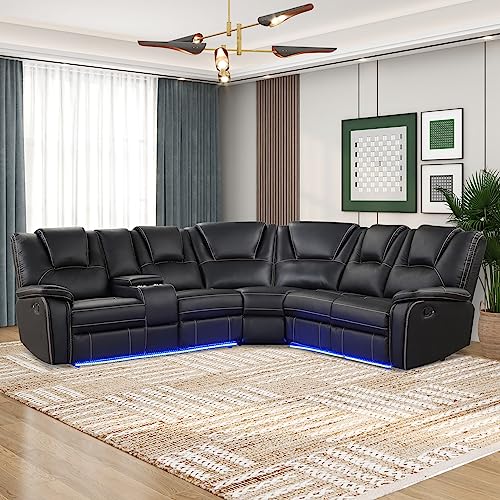 PU Leather Living Room Set Manual Reclining Sectional Sofa w/Infinite Lounge&Metal Frame for Home Office,Multi-functional Leisure Sofa Recliner Couch w/LED,Cup Holders&Hidden Arm Storage for 6 (Brown)