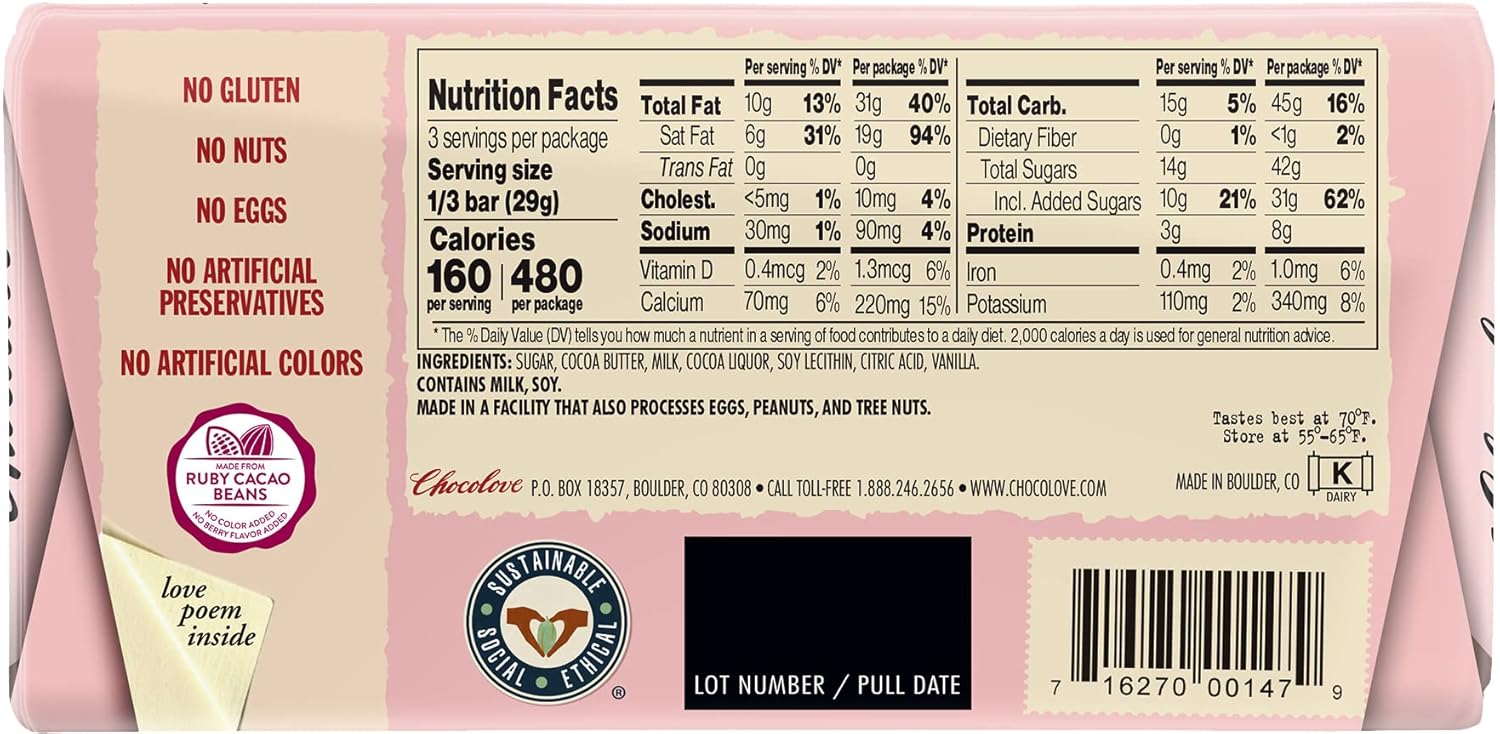 Chocolove Ruby Chocolate, 34% Cacao | 6 Pack | Non GMO, Rainforest Alliance Certified Cacao | 3.2oz Bar