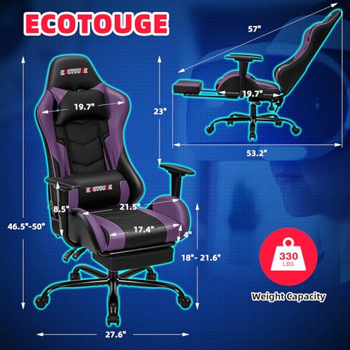 ECOTOUGE PC Massage Gaming Chair with Footrest Ergonomic Office Desk Chair Racing PU Leather Recliner Swivel Rocker with Headrest and Lumbar Pillow, Blue