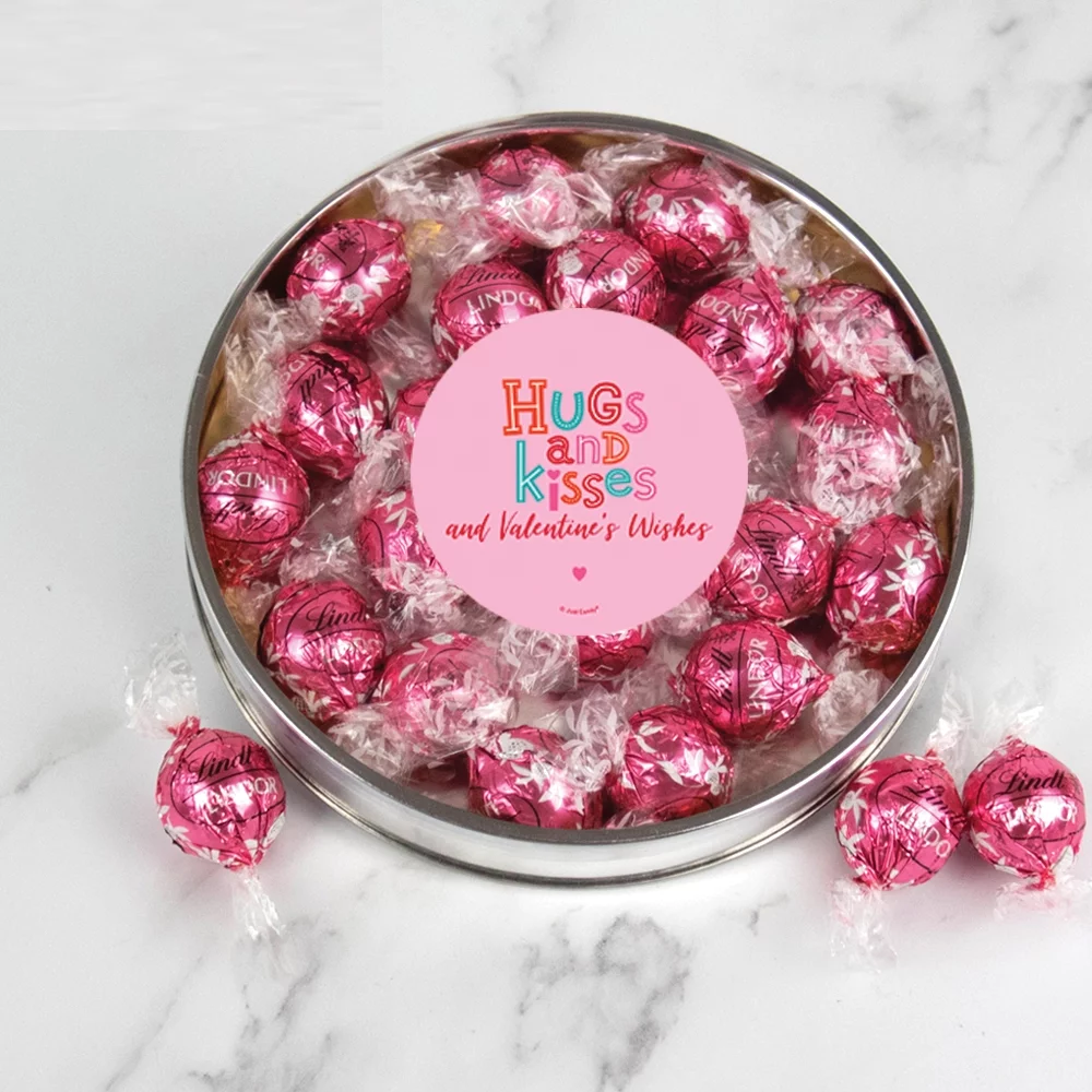 Valentine's Day Candy Gift Tin Large Plastic Tin with Chocolate Strawberries & Cream Truffles - Hugs & Kisses