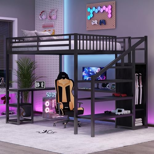 KEIKI Queen Size Loft Bed with L-Shaped Desk,Charging Station,Wardrobe & LED Light,Heavy Duty Metal Bed Frame w/Guard & Ladder for Teens Adults,No Box Spring Needed,Black