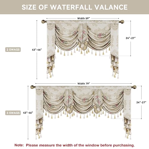Loom and Mill Luxury Jacquard Waterfall Valance for Living Room Bedroom, Floral Damask Swag Window Valances with Tassels, Pearly Beige Swag Curtains for Banquet Holiday Decoration(W79Inch,1 Panel)