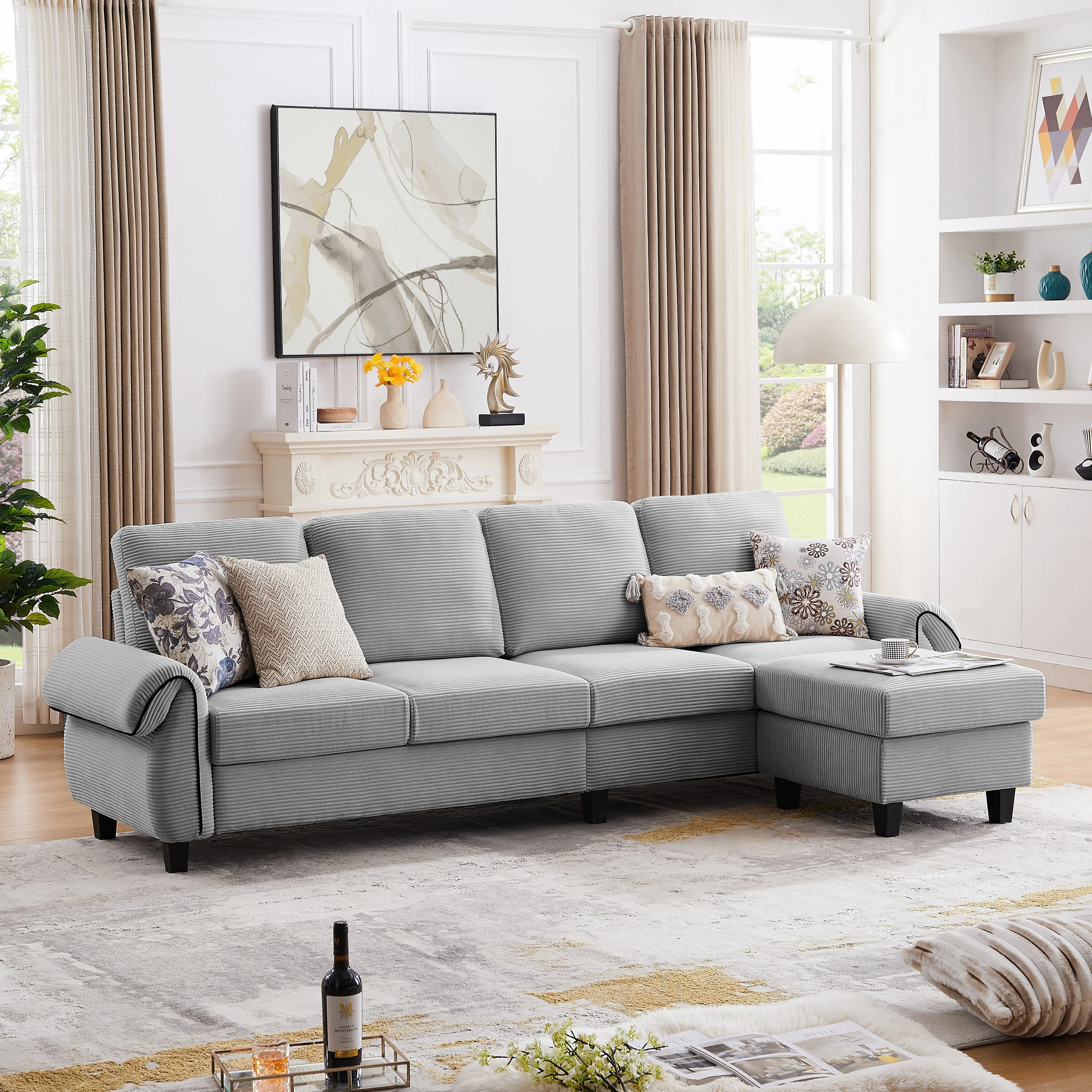 Jarenie 110.02 in. W Rolled Arms 4-Seat L Shaped Soft  Corduroy Fabric Modern Sectional Sofa with Reversible Ottoman Grey