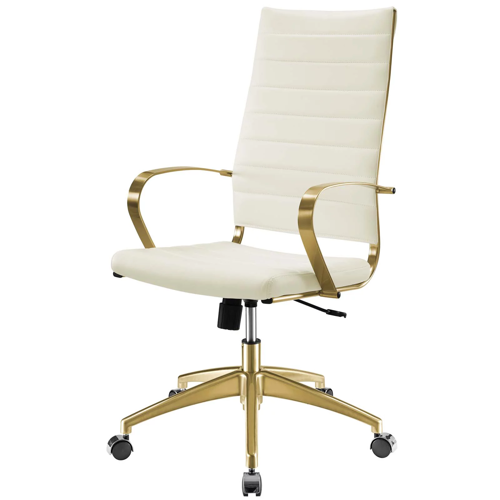 Contemporary Modern Urban Designer Home Business Office Furniture Work Desk Chair, Faux Vinyl Leather Aluminum, Gold White