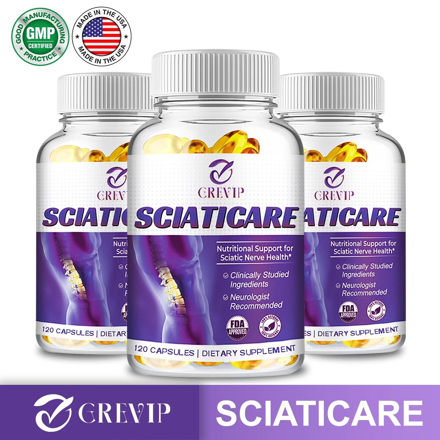 Grevip Sciaticare - with R-ALA, Acetyl L-Carnitine HCL - Nerve Soothing Formula 120pcs (1/3/5 Pack)