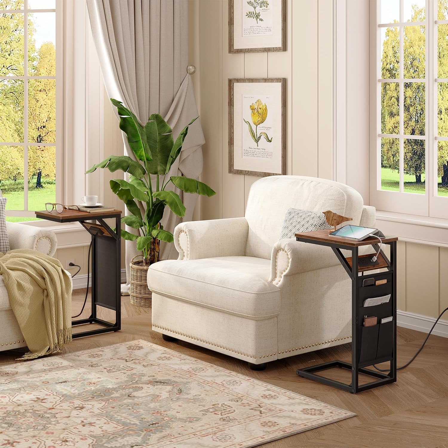 HOOBRO C-Shaped End Table with Charging Station, Couch Side Table with Storage Bag, Snack Side Table for Small Spaces, Metal Frame, for Living Room, Bedroom, Rustic Brown and Black BF28USF01