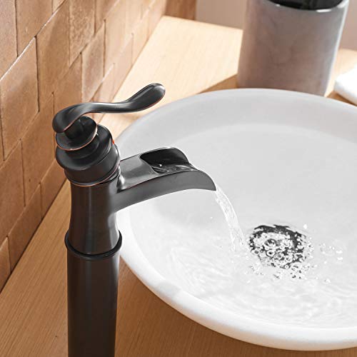 BWE Vessel Sink Faucet Waterfall Matte Black with Pop Up Drain Without Overflow and Supply Lines, Black Sink Faucet Bathroom One Handle Faucets Vanity Bath Mixer Tap